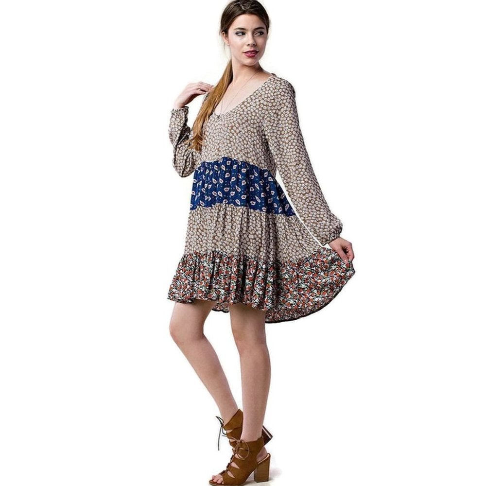 Kori America Mixed Print Tie Back Dress, Taupe